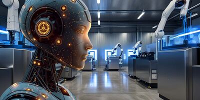 K&uuml;nstliche Intelligenz in einem Raum mit Roboterautomation