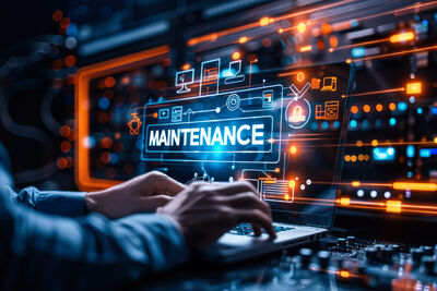 Mann tippt auf Laptop auf dem Maintenance steht und im Hintergrund ein IT-Rack