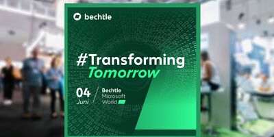 Veranstaltungshinweis Bechtle Microsoft World 2025 Messestand mit Besuchern und Logo der Bechtle Microsoft World 2025
